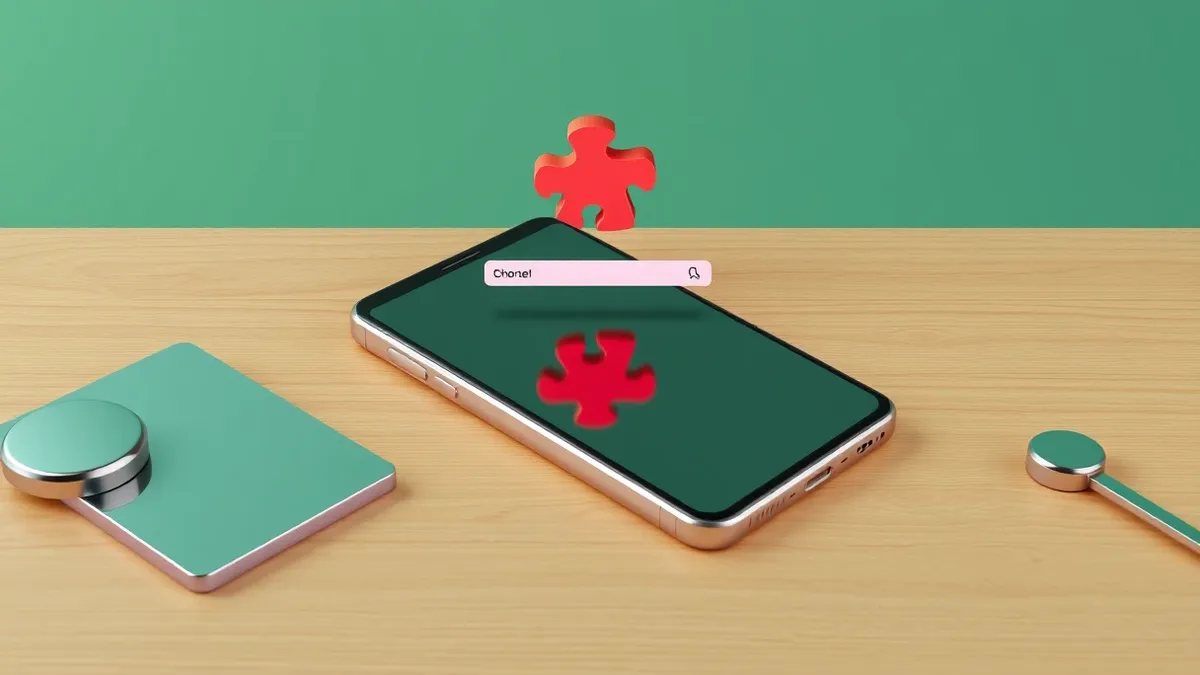 Illustration: A sleek smartphone rests on a clean wooden desk, its screen displaying a minimalist web browser interface.