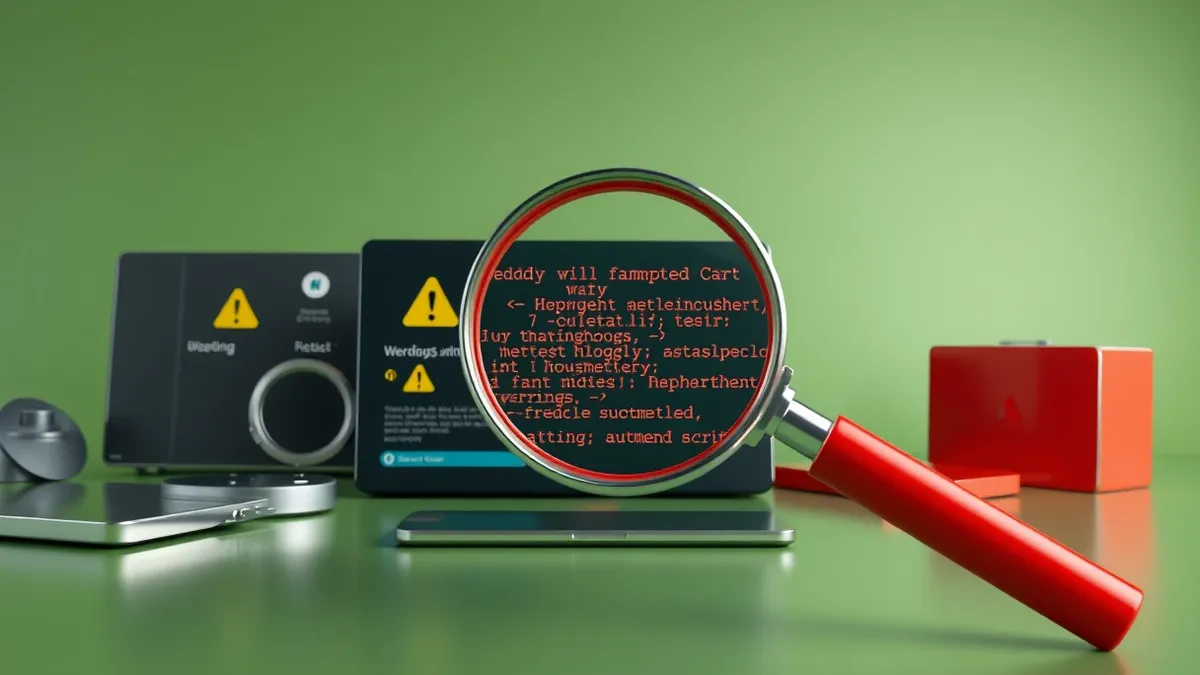 Illustration: A cluttered desktop screen displays several generic application icons, each marked with a small yellow warning triangle.