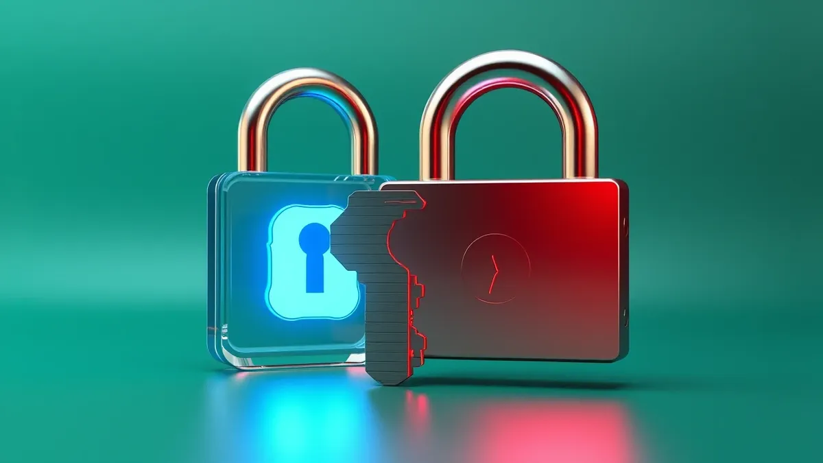 Illustration: A metallic key shape morphs into a jagged digital hash fragment, sliding silently past a glowing blue lock icon.