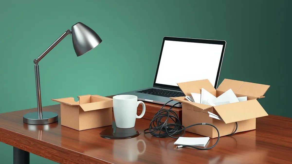 Illustration: A small wooden desk holds a single open laptop displaying a blank white interface.
