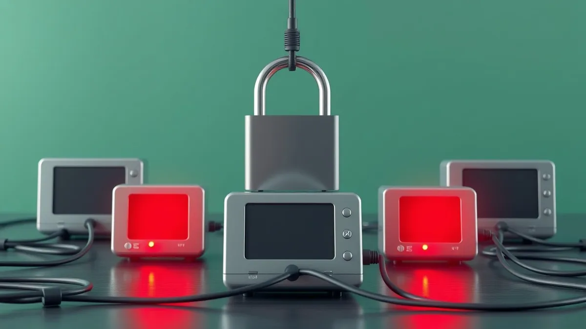 Illustration: A cluster of small internet connected devices sits on a desk with tangled cables.