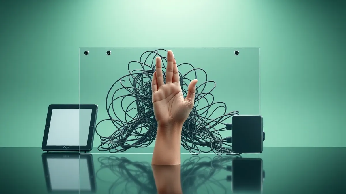 Illustration: A transparent glass barrier stands between a smooth human hand reaching forward and a jagged, tangled mass of mechanical wires and sensors.