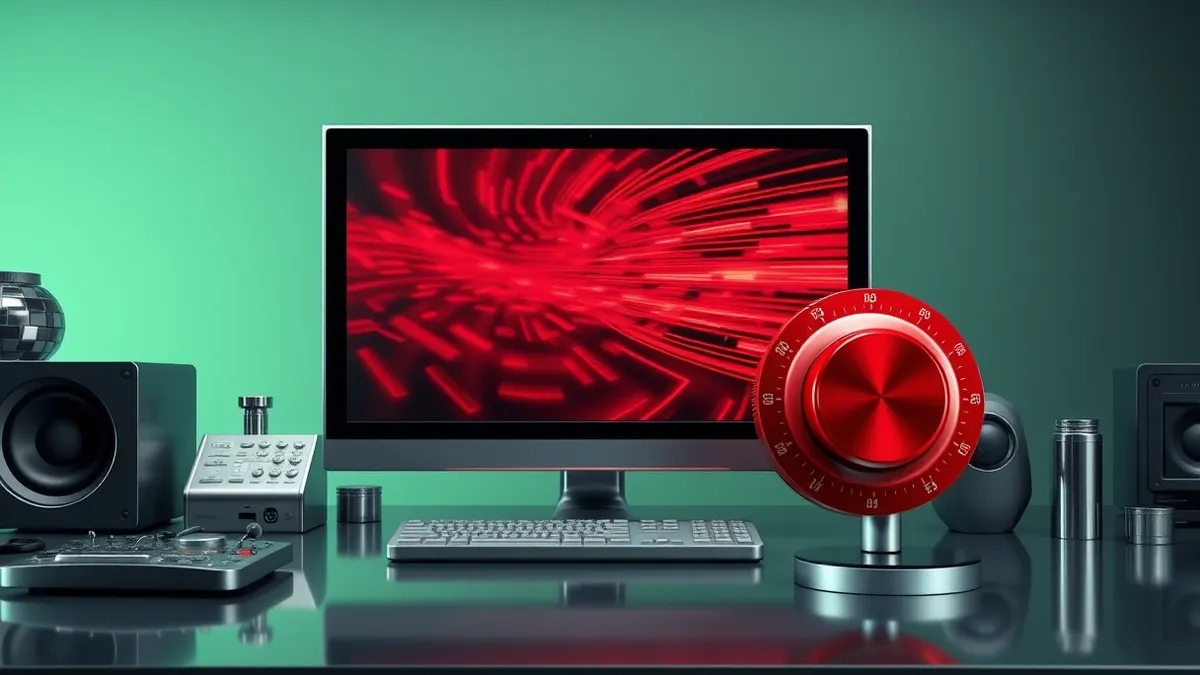 Illustration: A cluttered control desk holds a blank monitor displaying chaotic abstract red lines.