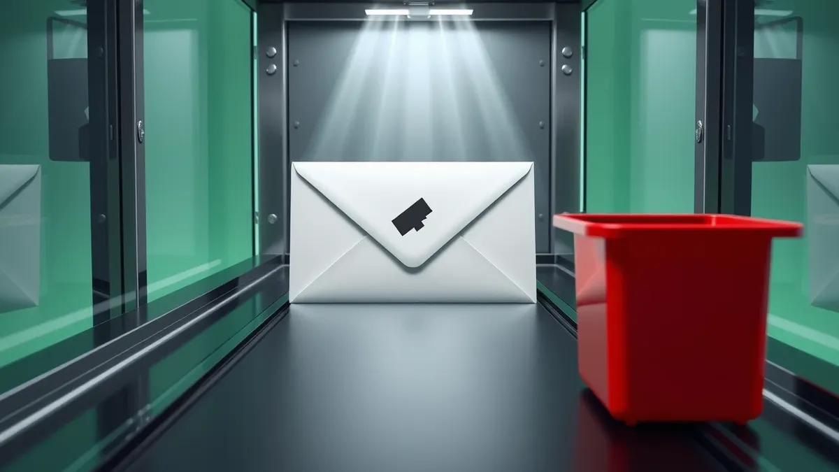 Illustration: A sleek white envelope travels along a conveyor belt toward a transparent inspection chamber.