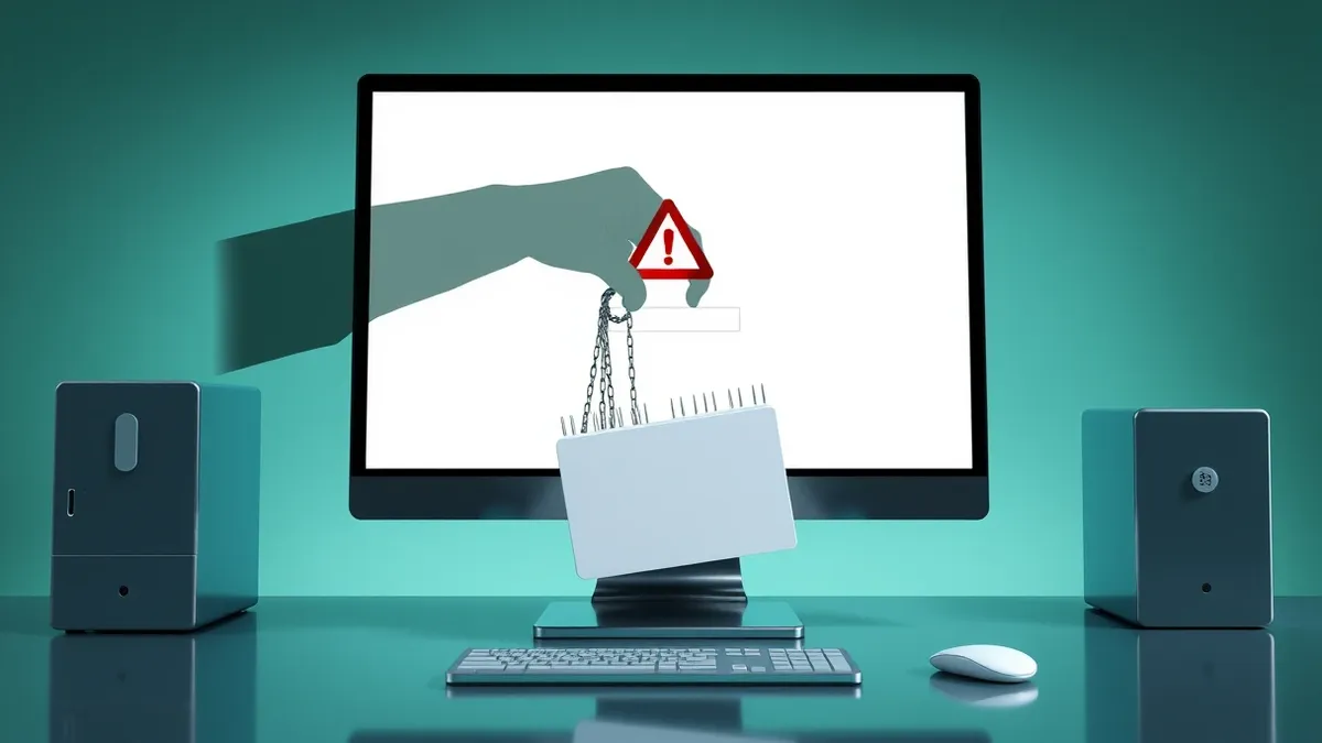 Illustration: A generic desktop computer monitor displays a blank login window with a prominent red warning triangle.