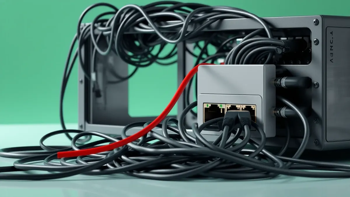 Illustration: A chaotic tangle of black ethernet cables spills from an open, empty network switch chassis.