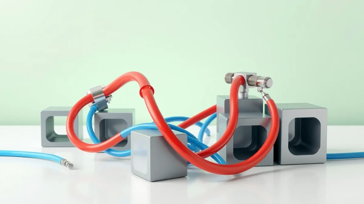 Illustration: A tangled knot of colorful plastic tubes connects various hollow geometric blocks on a clean white table.