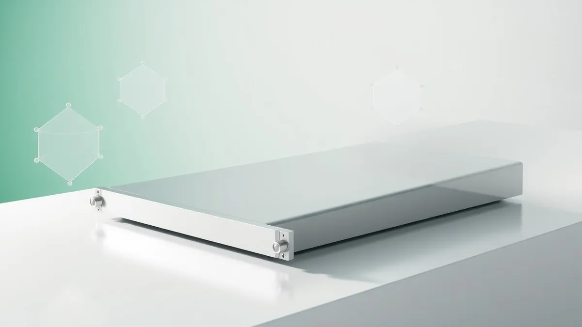 Illustration: A sleek silver server blade sits isolated on a white table, surrounded by floating translucent geometric shapes representing abstract data.