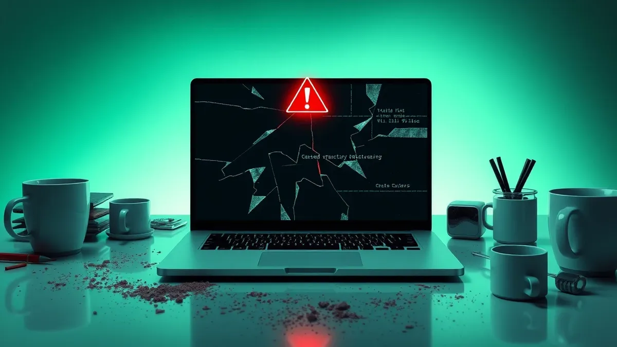 Illustration: A solitary laptop sits on a cluttered desk, its screen displaying a fractured, glitching interface with jagged digital tears.