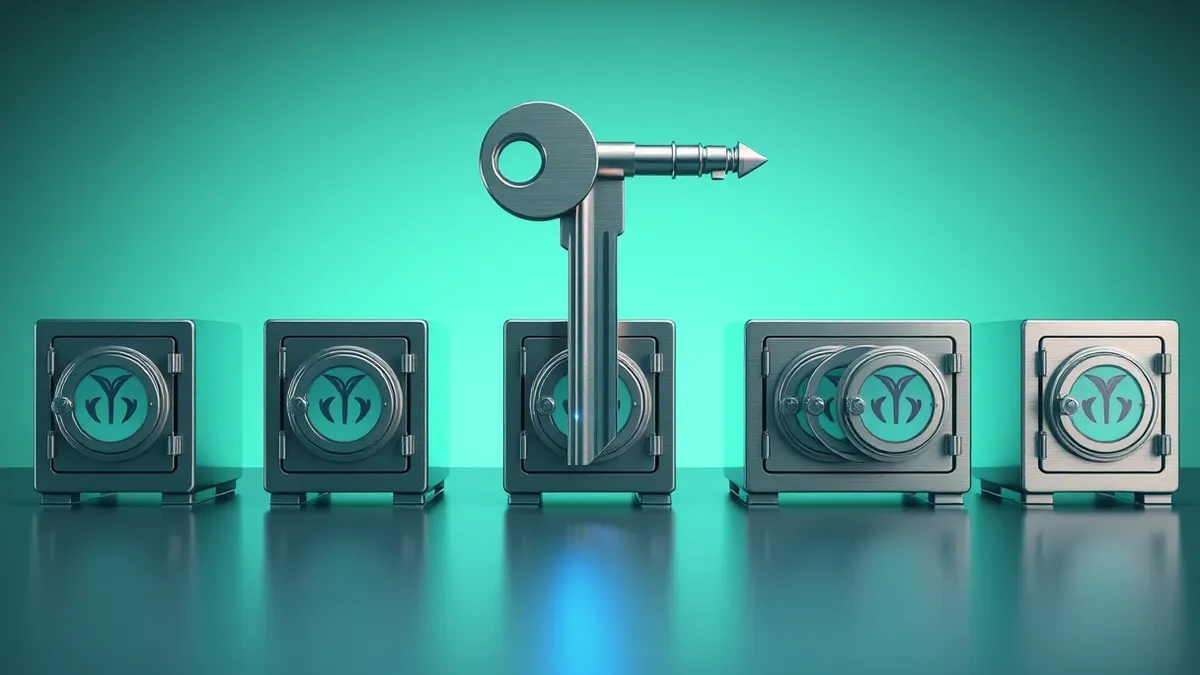 Illustration: A single, sleek metal key floats above a row of distinct, sealed digital vaults.