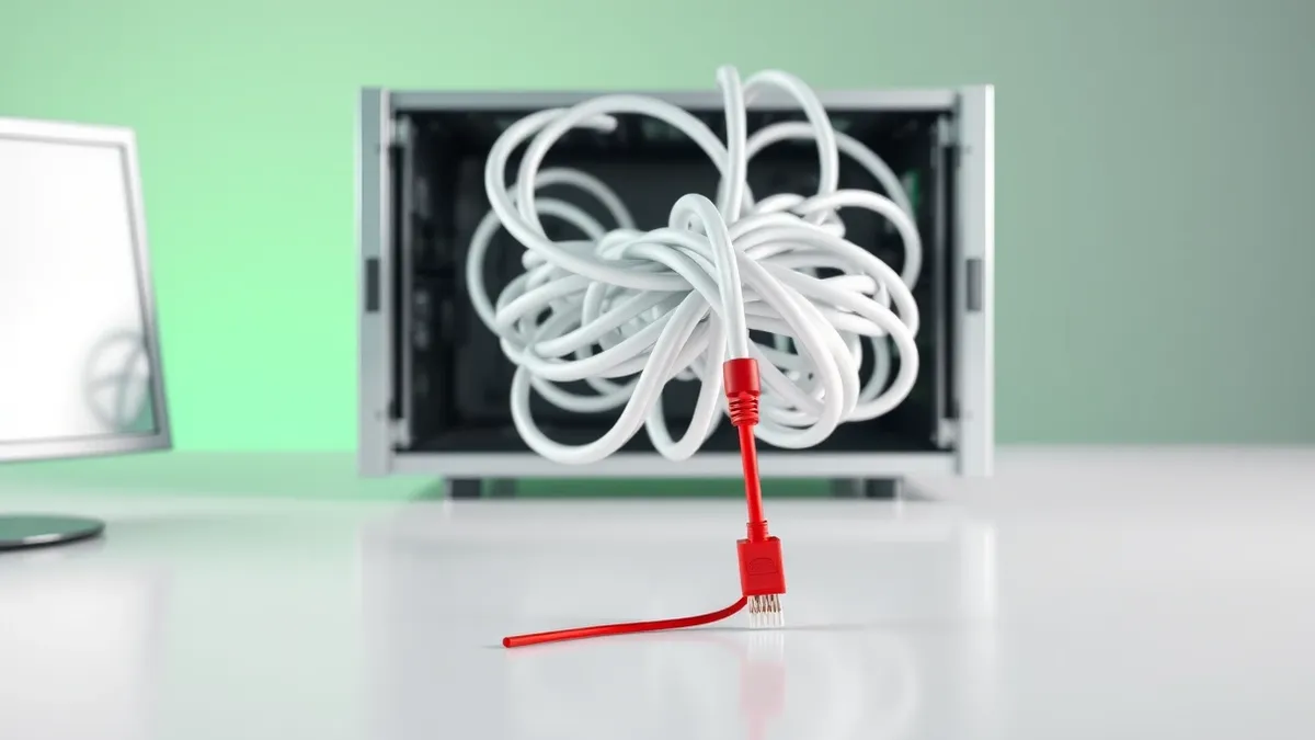 Illustration: A tangled knot of white ethernet cables spills from an open server chassis onto a clean white desk.