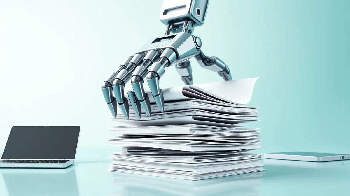Illustration: A sleek silver mechanical claw descends from a cloud formation, its fingers gently clamping around a stack of blank white ledgers and empty filing folders.