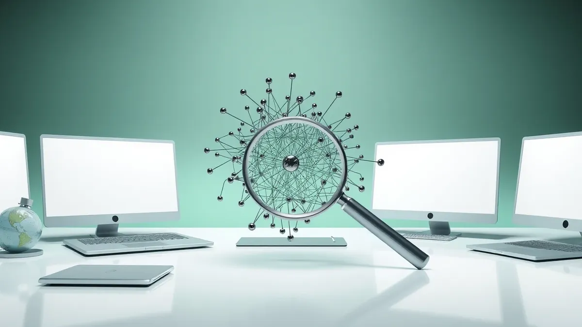 Illustration: A tangled mess of abstract network nodes drifts in the center of a clean workspace, while a sleek magnifying glass hovers nearby, focusing sharply on a single, isolat