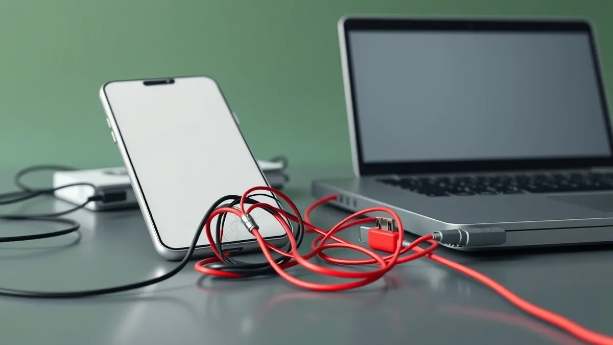 Illustration: A messy desk holds a cracked smartphone next to a closed laptop.