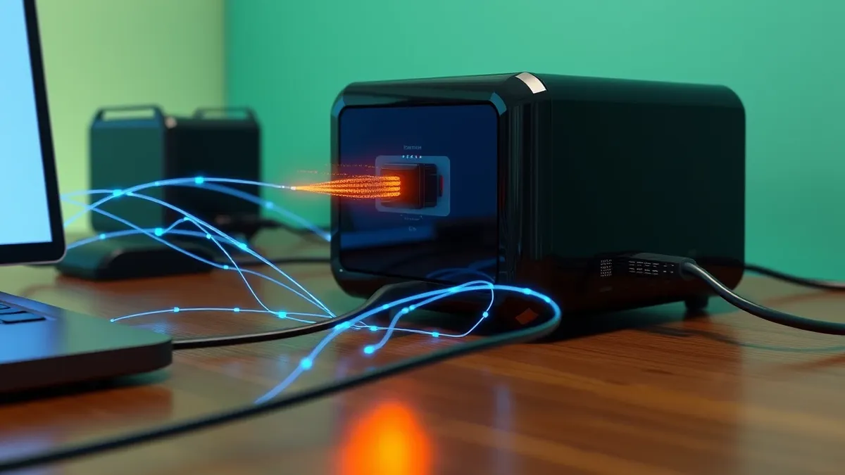 Illustration: A sleek black network sensor sits on a desk, connected by glowing cables to a central hub.