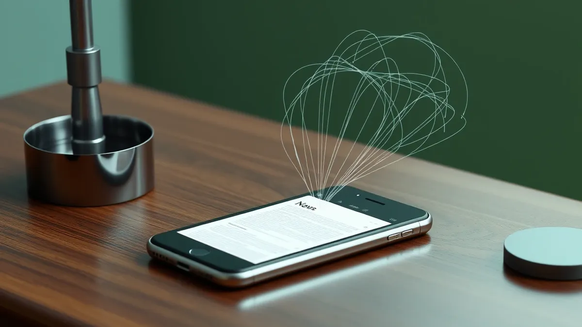 Illustration: A smartphone rests on a wooden table, its screen glowing with a blank news article.