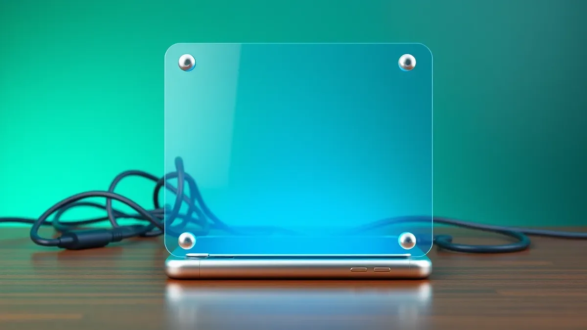 Illustration: A silver smartphone sits on a desk, completely blocked by a translucent shield made of geometric glass panels.