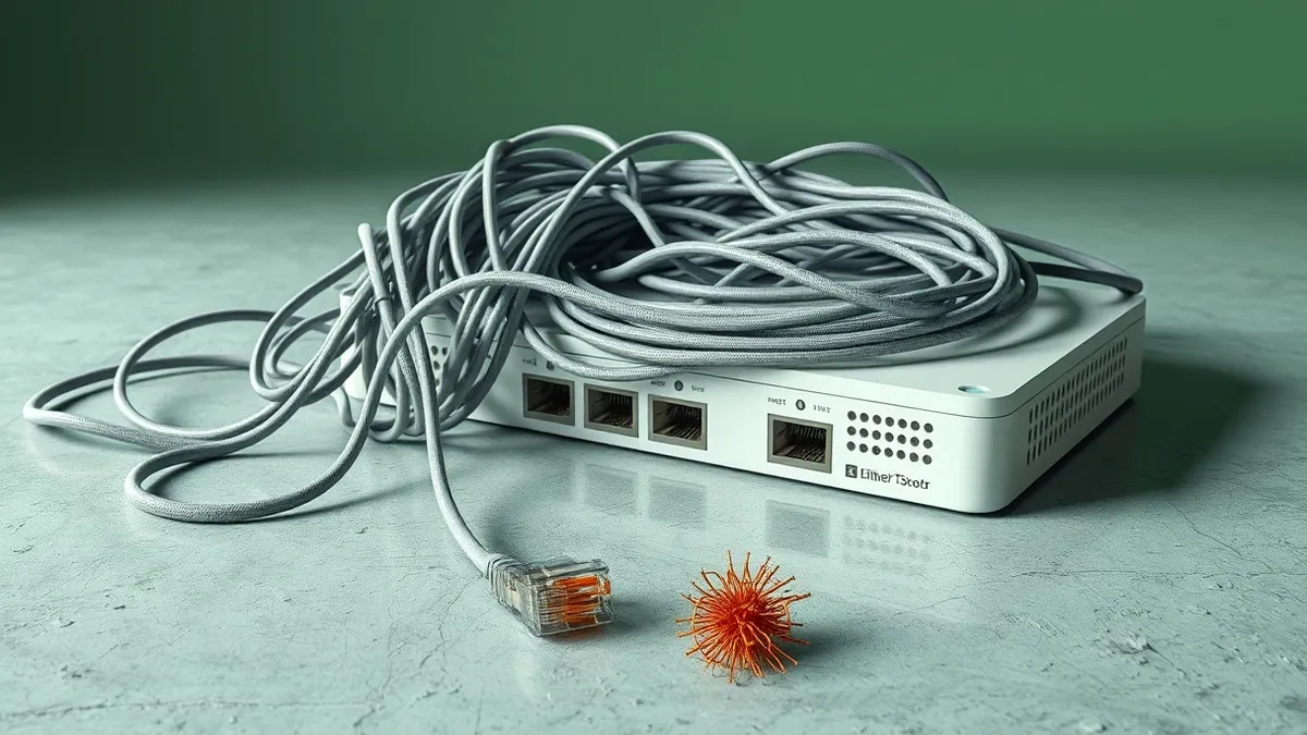 Illustration: A tangled mass of frayed ethernet cables spills from a broken white router, snaking across a dusty concrete floor.