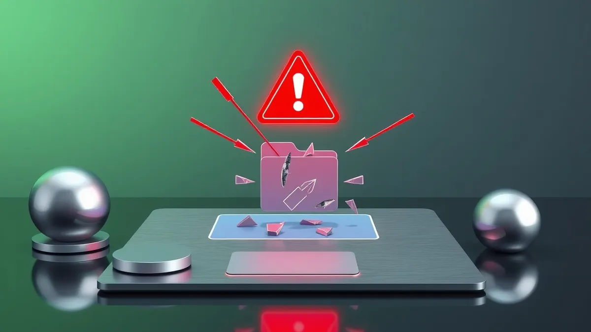 Illustration: A glowing red warning symbol floats above a sleek, abstract software interface panel.