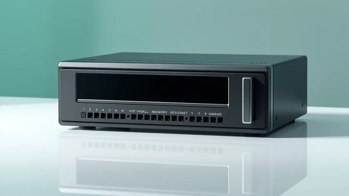 Illustration: A sleek black network firewall sits on a clean white surface.