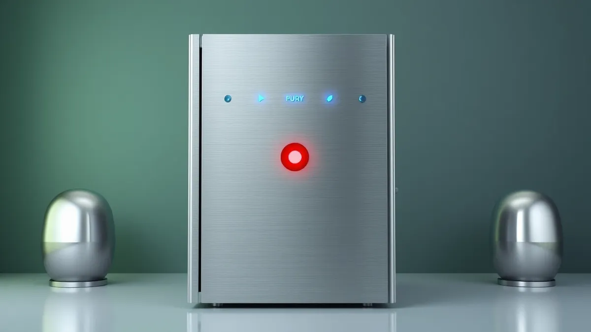 Illustration: A large metal edge server sits in a quiet room, its front panel glowing with steady blue lights.