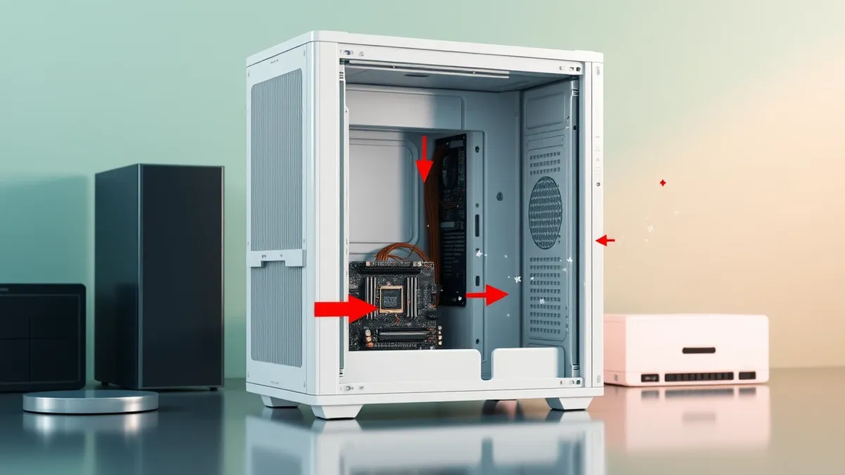 Illustration: A white server tower sits open on a workbench with its side panel removed.