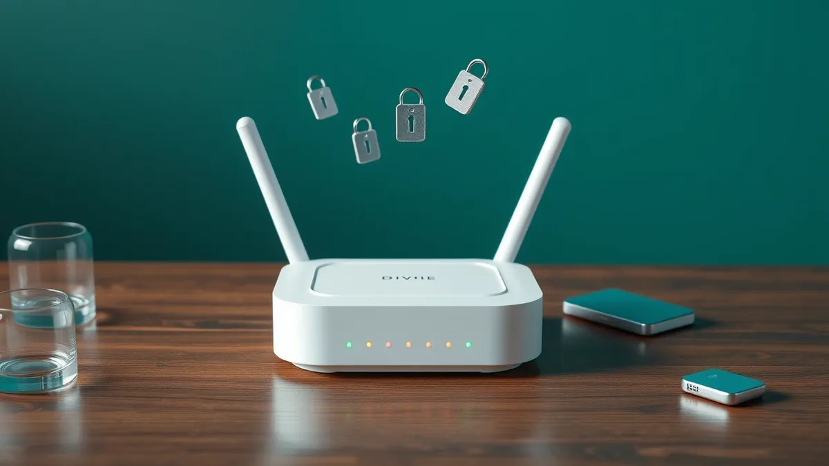 Illustration: A small white wireless router sits on a wooden table, its indicator lights blinking ominously.