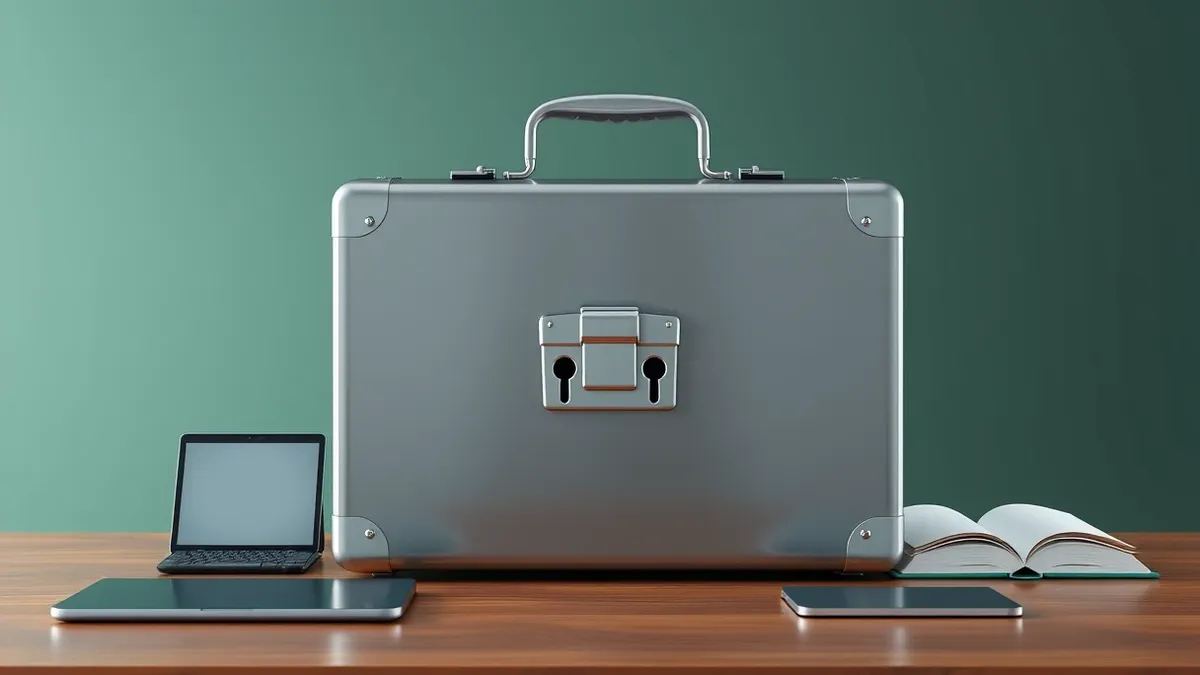 Illustration: A sturdy metal briefcase sits on a wooden desk, its heavy latch engaged.