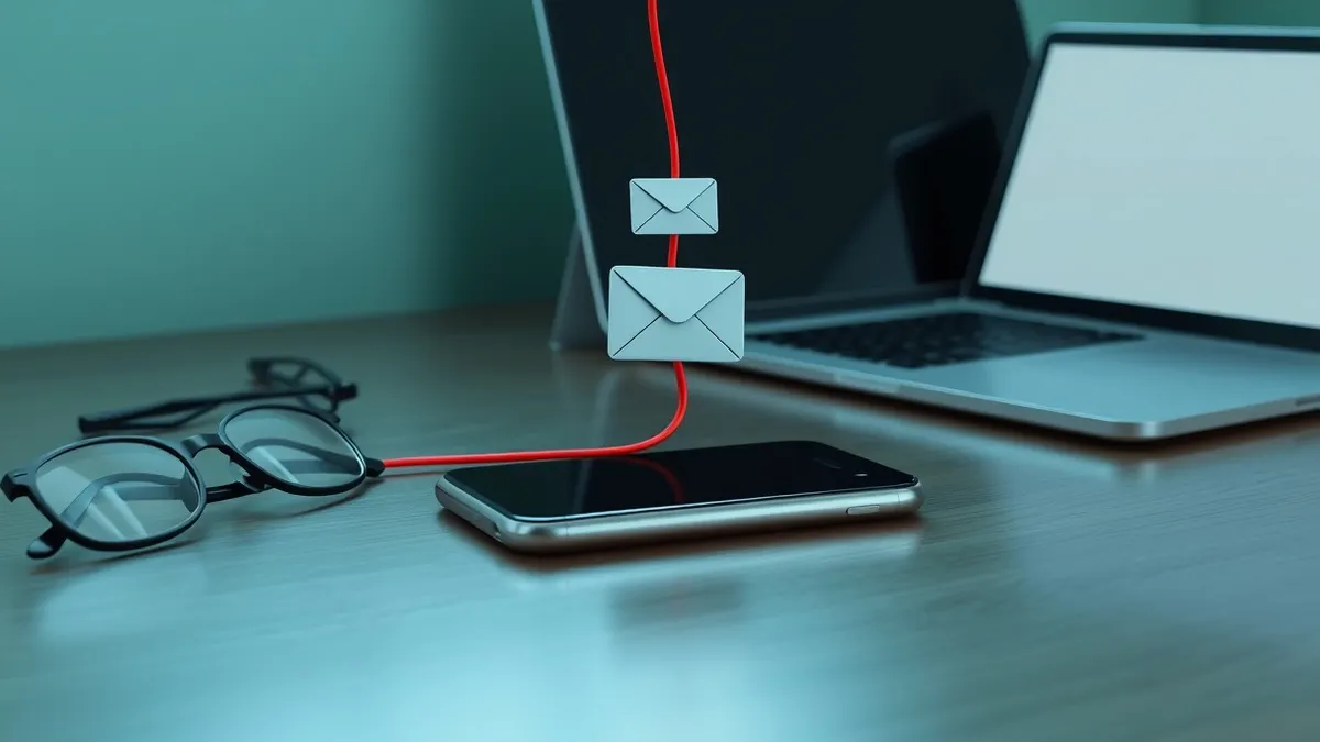 Illustration: A sleek smartphone rests on a wooden desk beside a pair of glasses and an open laptop with a blank screen.
