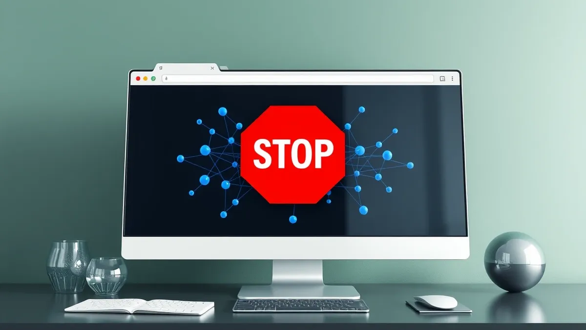 Illustration: A white office computer monitor sits on a desk, displaying a generic web browser window with a prominent red stop icon overlaying a grid of abstract blue connection n