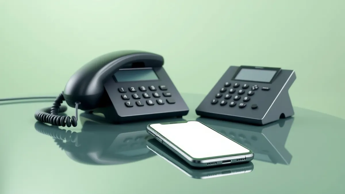 Illustration: A sleek office desk holds a smartphone displaying a blank messaging interface beside a landline telephone receiver.