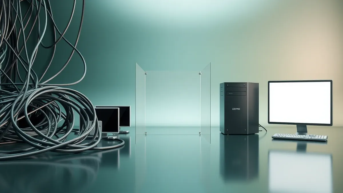 Illustration: A tangled web of cables splits at a central junction box, separating into two distinct paths blocked by transparent barriers.