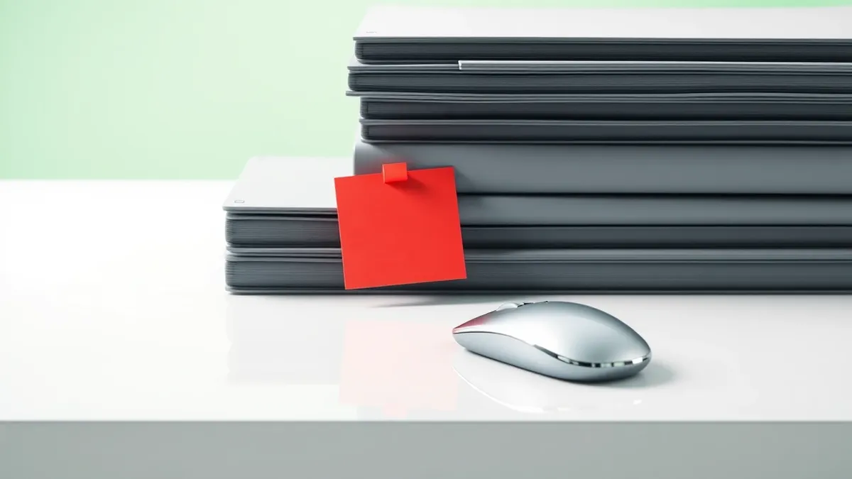 Illustration: A clean white desk holds a single red sticky note beside a neat stack of untouched gray files.