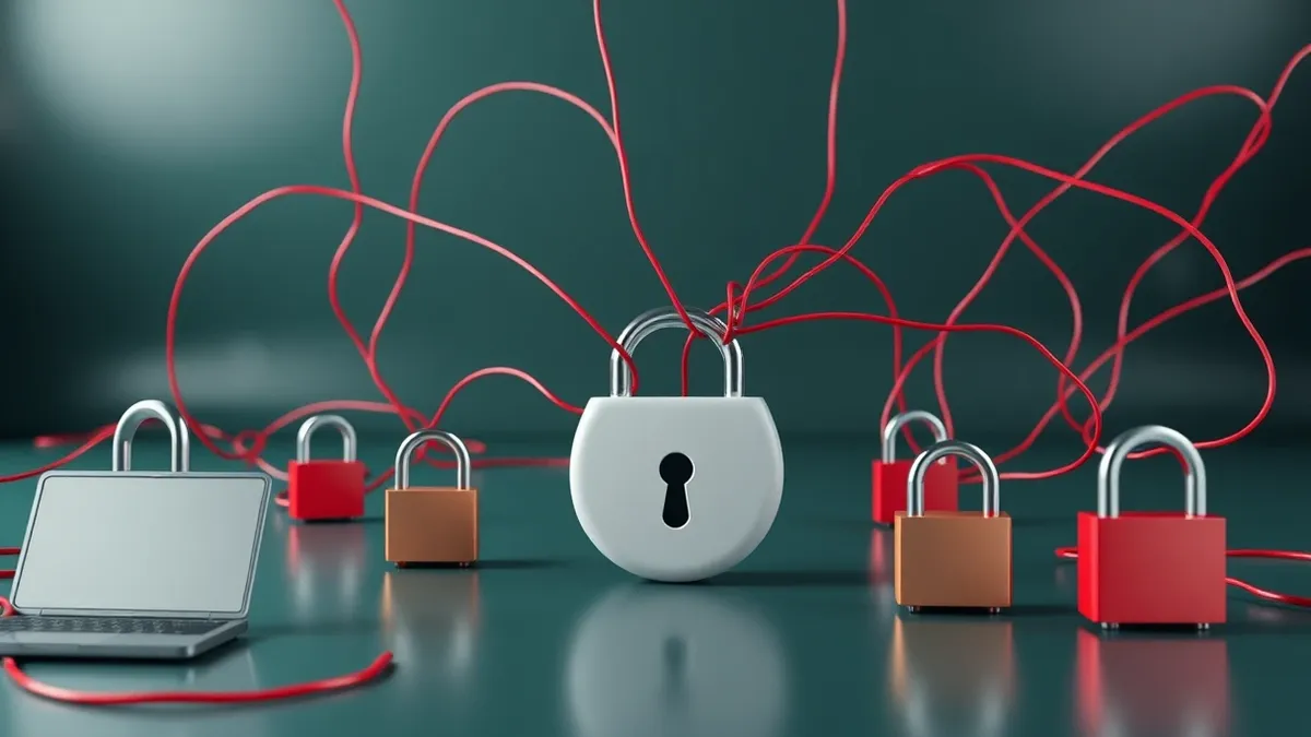Illustration: A tangled web of thin red threads connects a central white lock to several smaller, vulnerable locks in the shadows.
