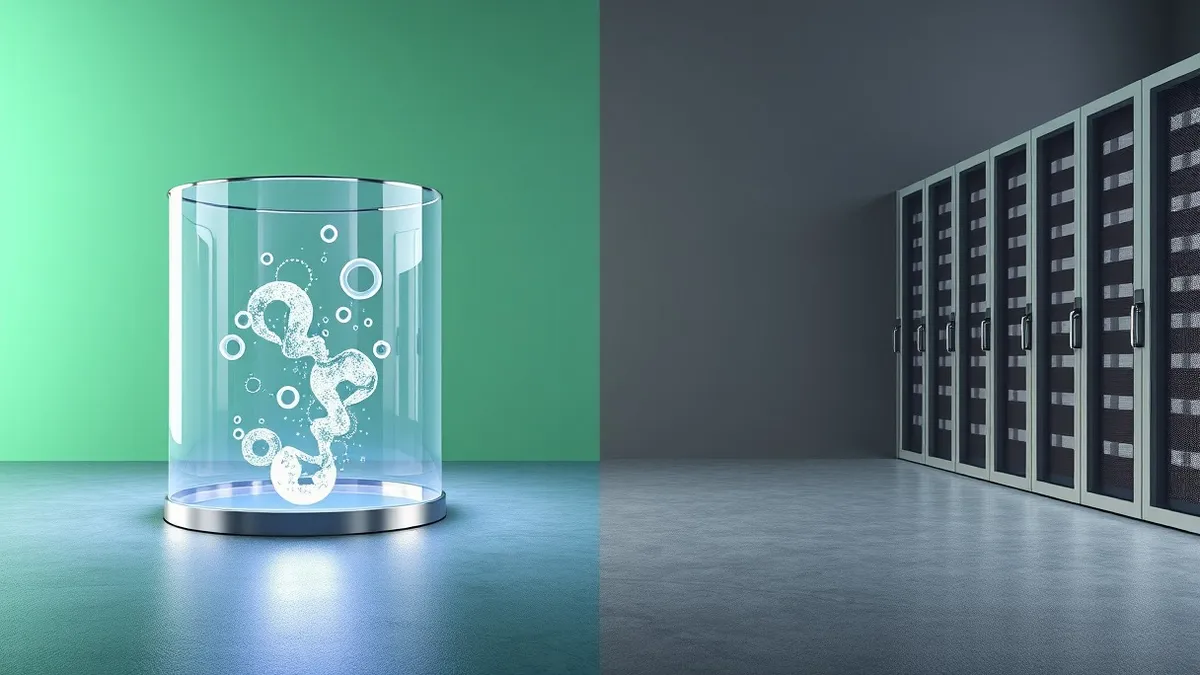 Illustration: A split view shows a glowing glass container holding abstract data shapes on one side, while the other side displays thick concrete walls and steel server racks.