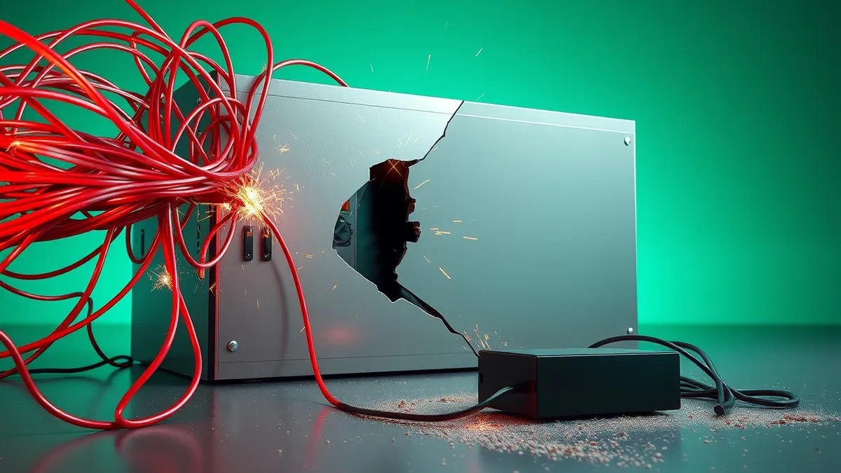 Illustration: A chaotic tangle of glowing red cables snags on a blank, metallic server housing unit.