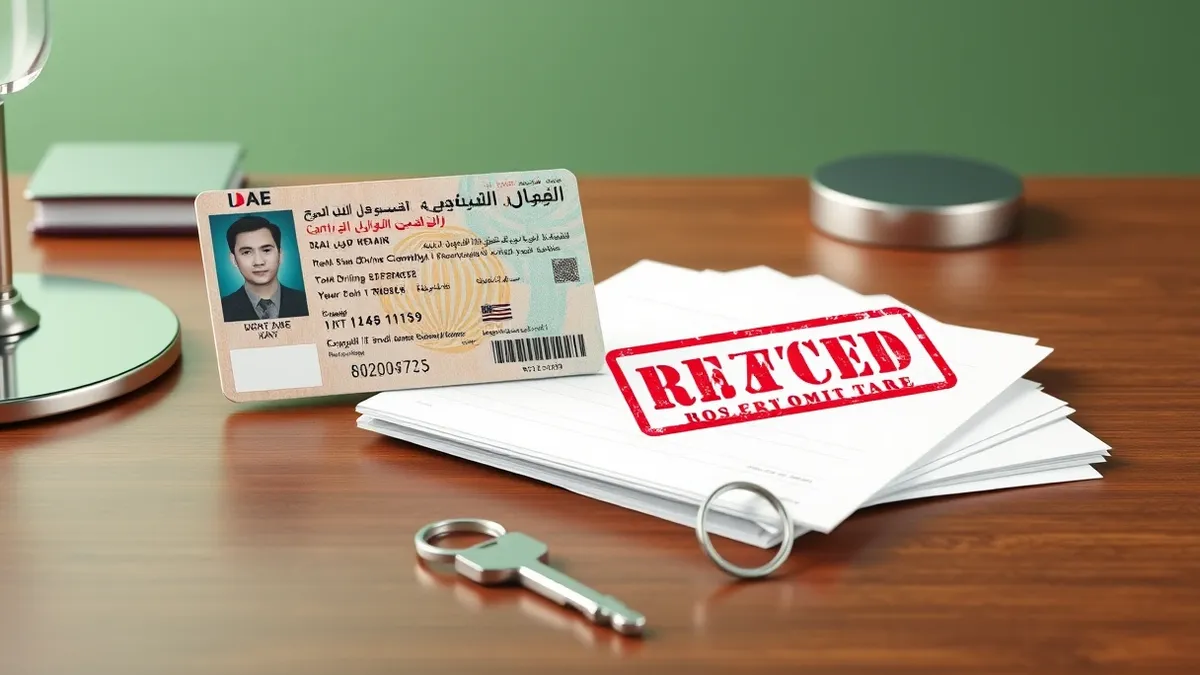 Illustration: A weathered foreign driving licence rests on a wooden desk next to a stack of blank UAE permit forms.