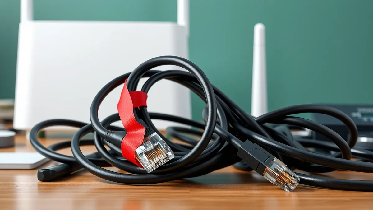 Illustration: A tangled knot of black ethernet cables sits on a cluttered desk, with one cable severed and its copper wires exposed.