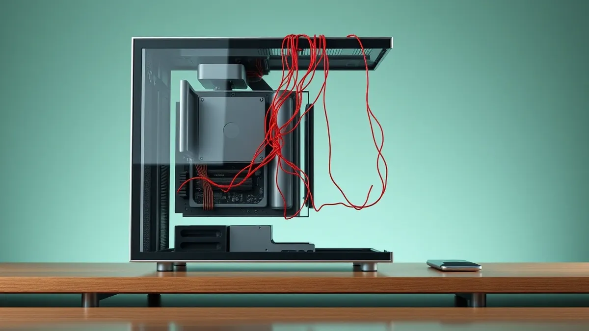 Illustration: A sleek desktop computer sits on a clean wooden desk with its side panel removed to expose the internal motherboard and circuitry.