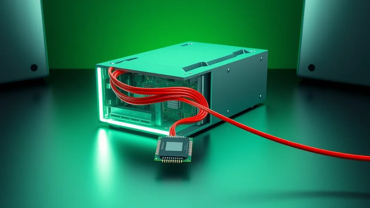 Illustration: A glowing server blade sits isolated on a dark desk, its internal circuitry exposed.