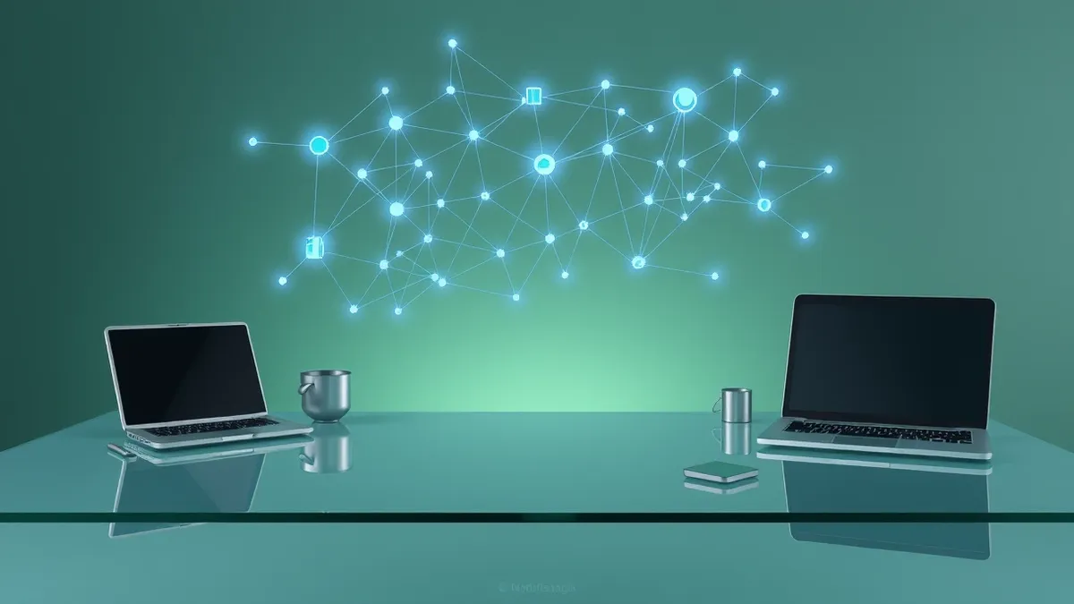 Illustration: A clear glass tabletop displays a complex network of glowing blue lines connecting various abstract geometric shapes.