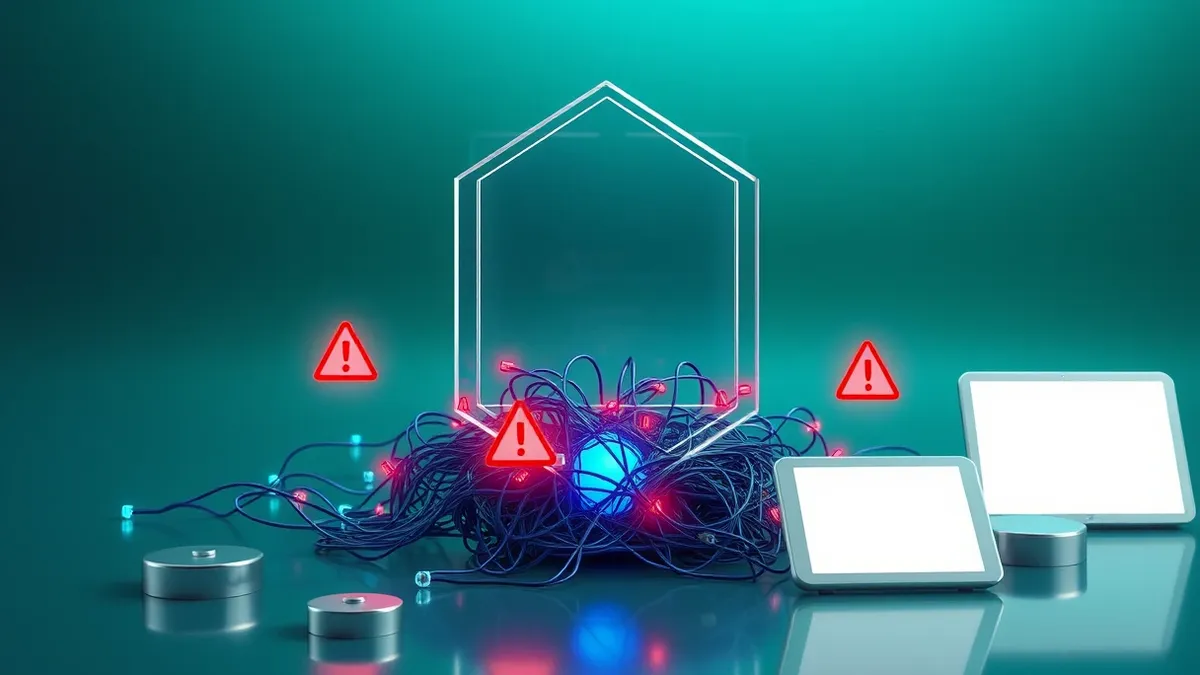 Illustration: A transparent geometric shield hovers over a tangled nest of glowing digital threads.