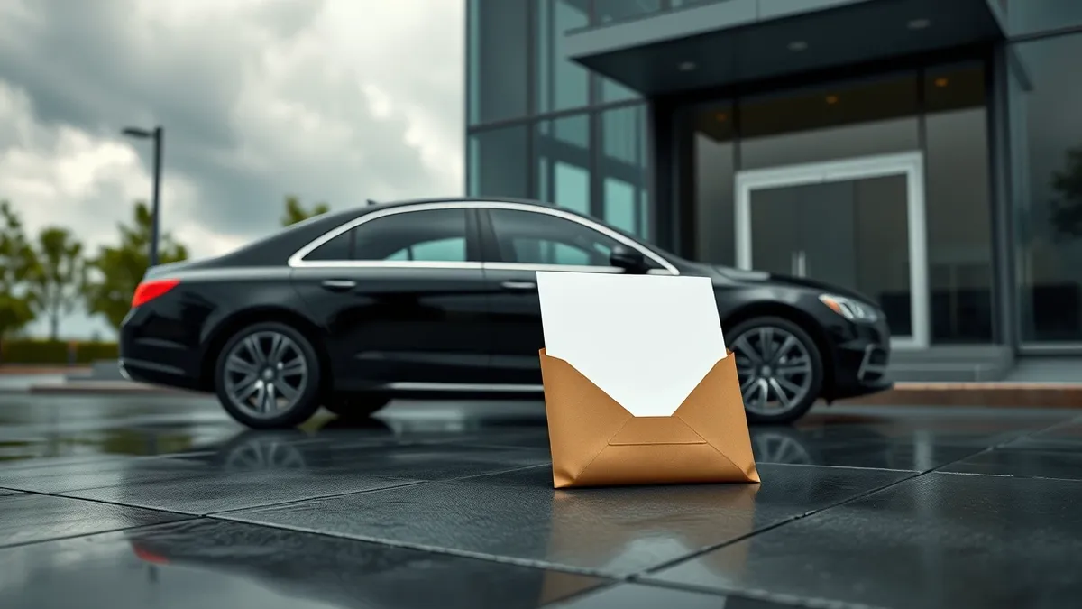 Illustration: A black sedan idles curbside outside a modern office building under a stormy grey sky.