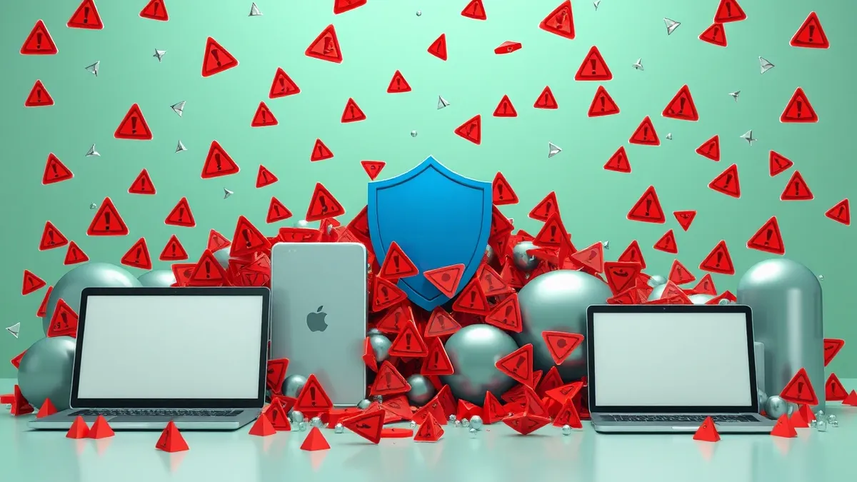Illustration: A chaotic tangle of red warning icons and jagged alert lines piles up around a single, clean blue shield.
