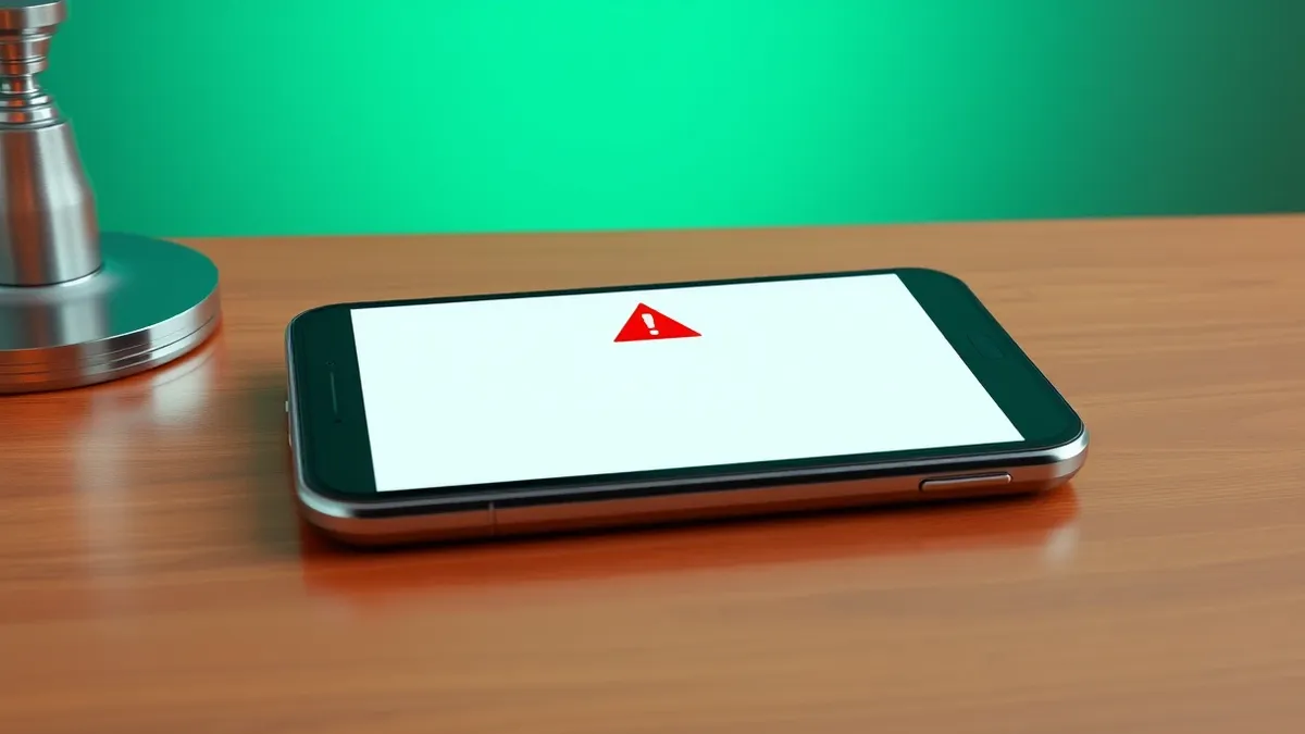 Illustration: A generic smartphone lies on a wooden table, its screen displaying a single open web browser window with blank fields and an abstract red warning icon in the center, 