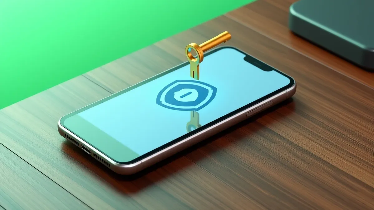 Illustration: A sleek smartphone rests on a wooden table, its screen displaying a simple, abstract vault icon surrounded by interlocking geometric shields.