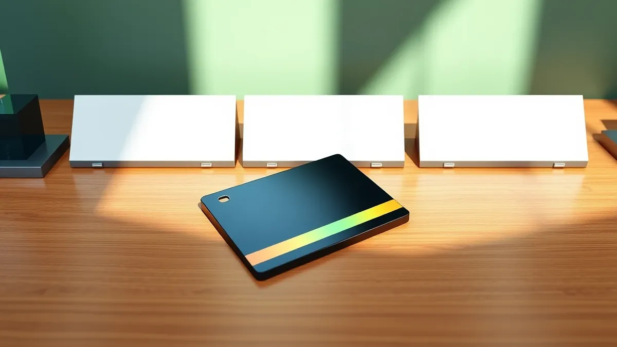 Illustration: A sleek black office keycard rests on a clean wooden desk beside three empty nameplates.