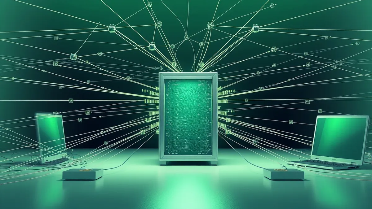 Illustration: A single glowing server sits at the center of a complex web of thin, colored lines connecting it to many other nodes.