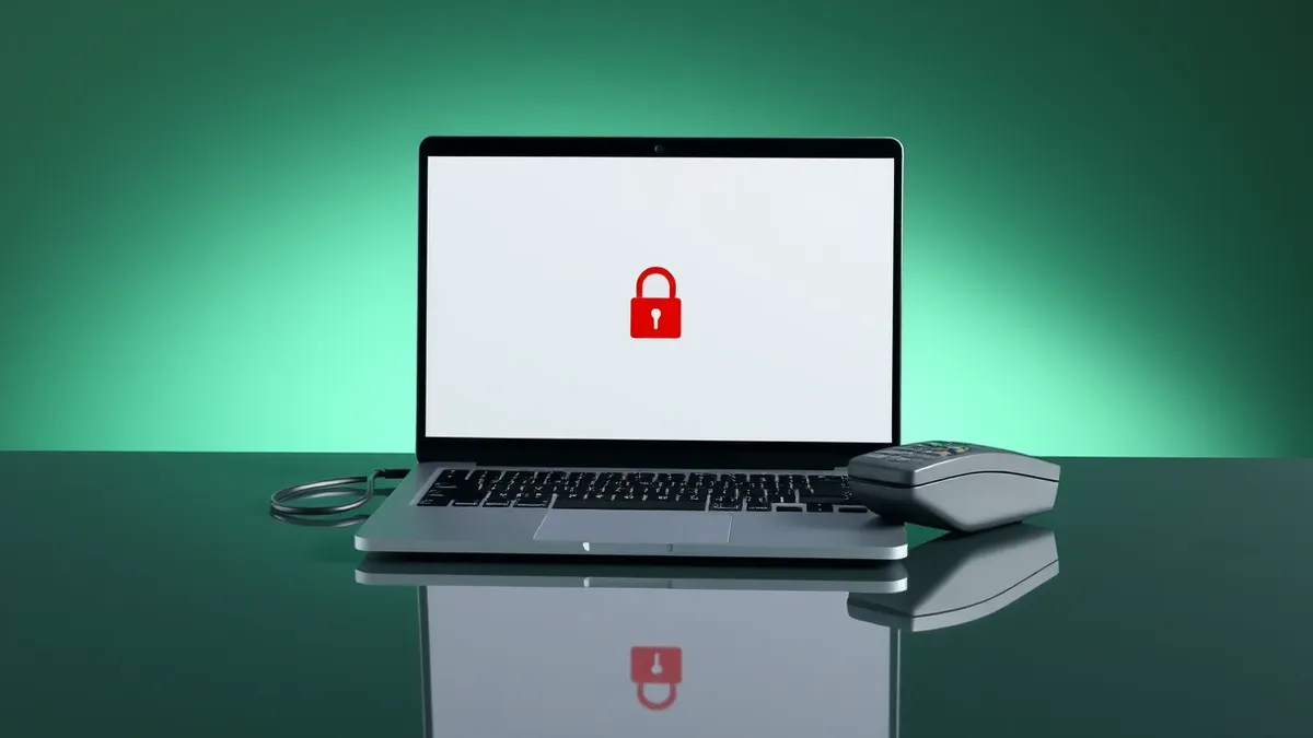 Illustration: A sleek black laptop sits on a polished table, displaying a blank screen with a single red padlock icon.