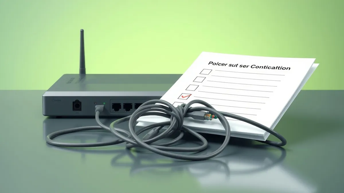 Illustration: A blank questionnaire rests on a desk next to a tangled knot of ethernet cables connecting to an old router.